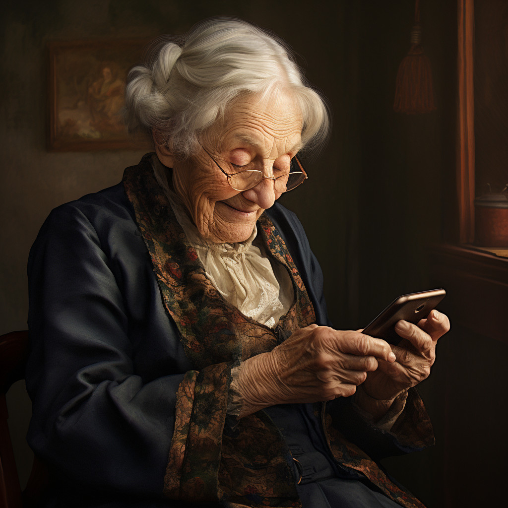 Nonnina mentre sta usando uno smartphone seduta sulla sedia