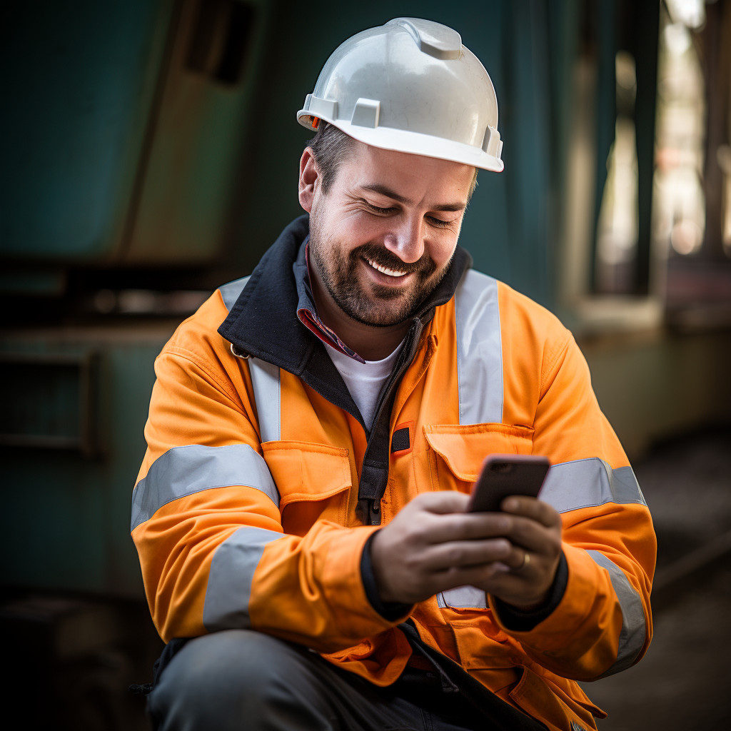 Operaio mentre usa telefono Android durante pausa nel cantiere