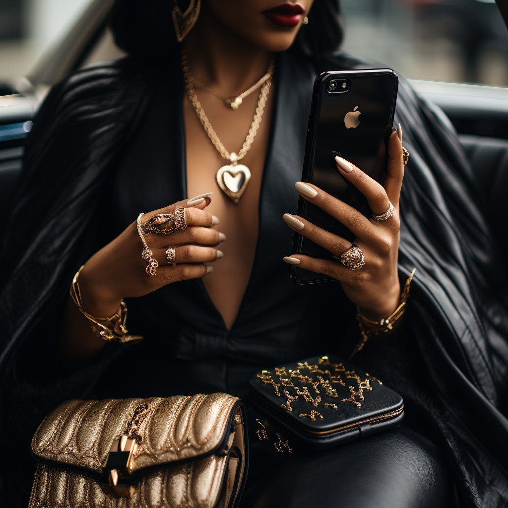 Ragazza molto appariscente influencer con iPhone in mano
