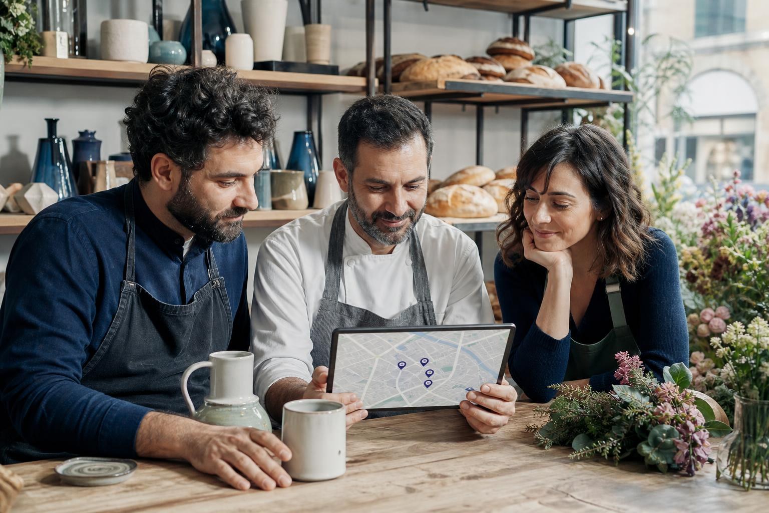 artigiano, panettiere e fiorista seduti a un tavolo guardano una mappa digitale dei negozi su tablet, circondati da prodotti artigianali e pane