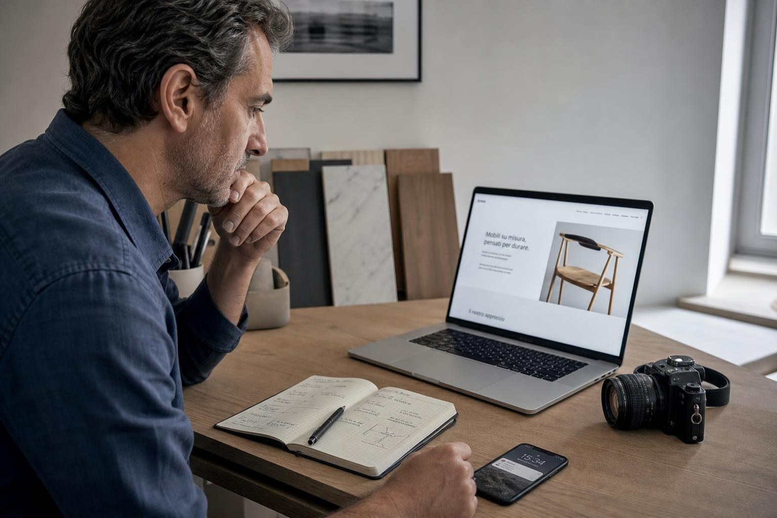Artigiano davanti al laptop mentre valuta come aggiornare il proprio sito web statico, con desktop ordinato e luce naturale