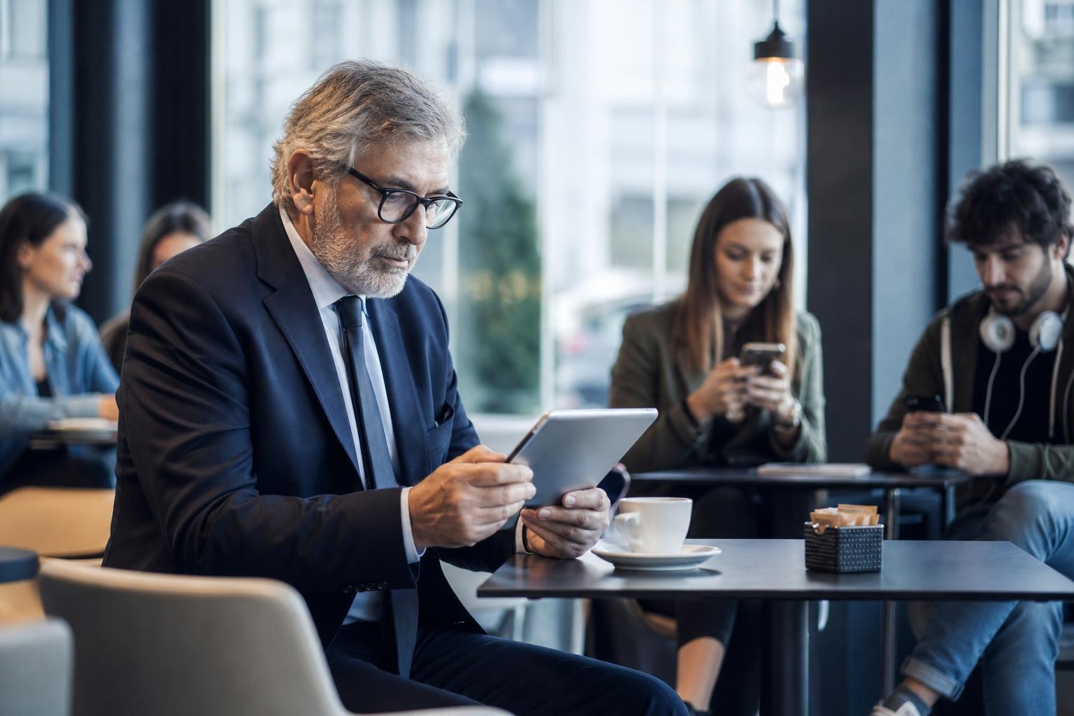 Uomo maturo al bar consulta il giornale su tablet, mentre giovani usano smartphone e una tazza di caffè sul tavolo