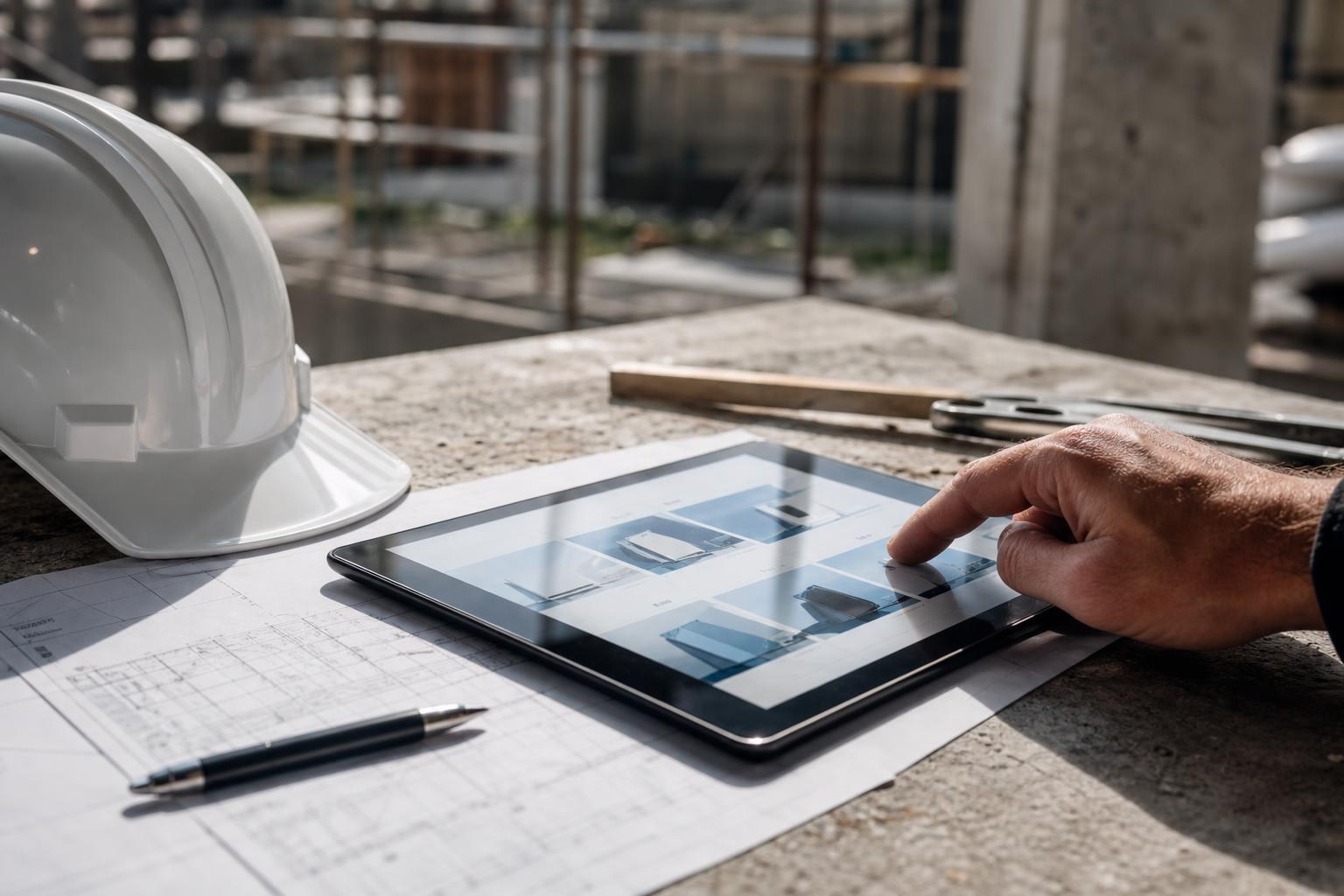 Mano che consulta il catalogo prodotti su tablet in cantiere, affiancato da casco