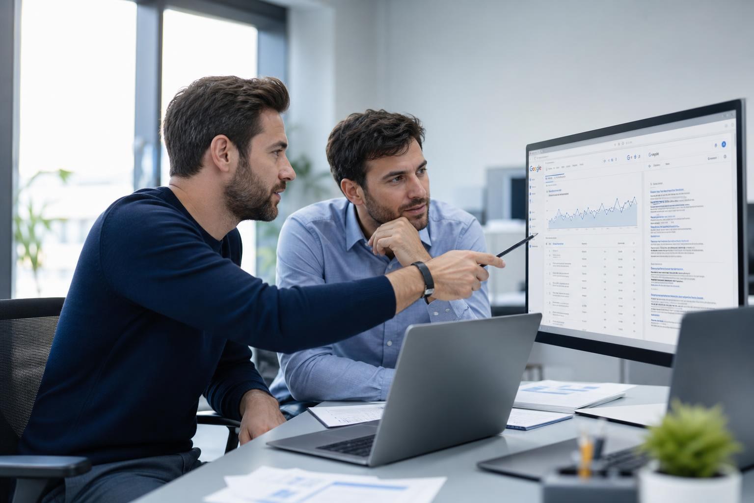 Un consulente e un imprenditore discutono davanti a un monitor con Search Console e Google aperti, in un ufficio moderno