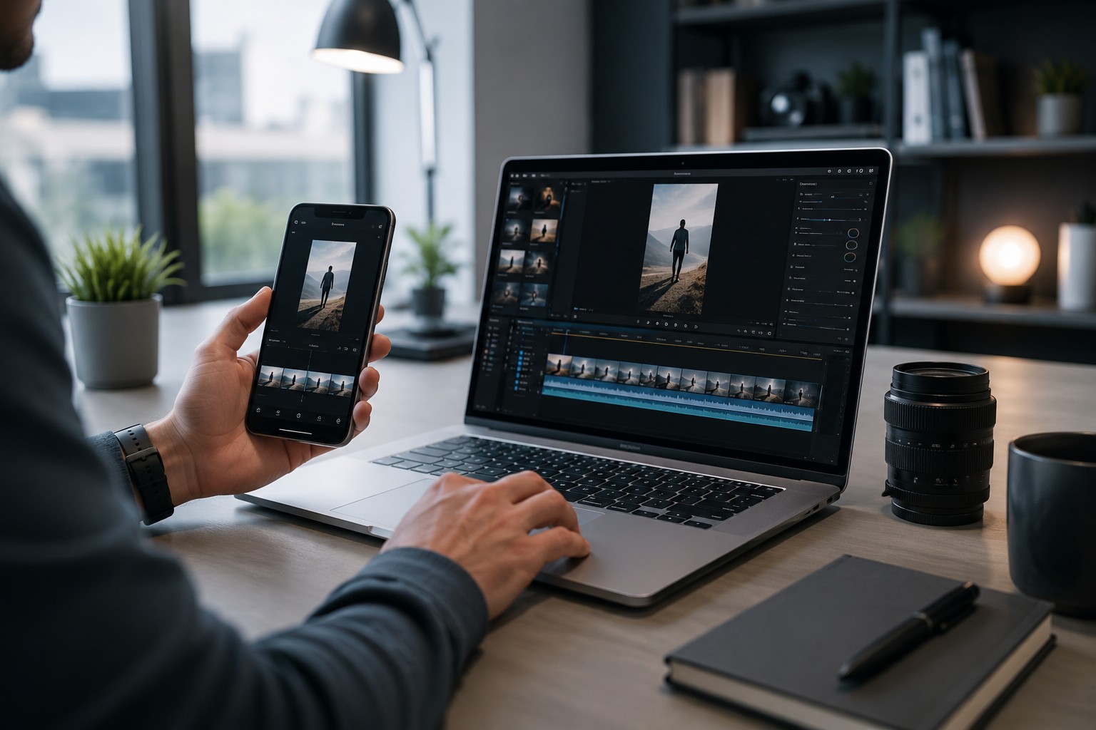 Content creator mentre monta un video Reel su smartphone e computer in un moderno ufficio