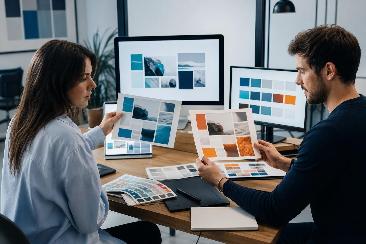 due designer confrontano stampe con layout simili e colori diversi su una scrivania piena di monitor, tablet grafico, moodboard e campioni colore