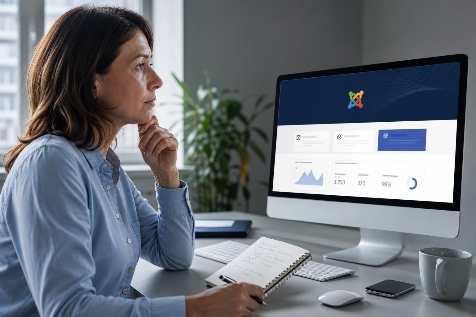 donna di mezza età guarda preoccupata il monitor del computer con una homepage Joomla e qualche statistica, annota riflessioni su un taccuino in un ufficio luminoso