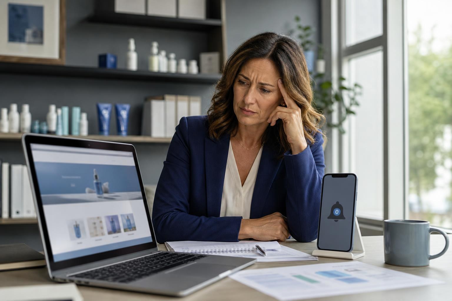 Donna quarantenne in un ufficio moderno osserva il laptop con il Sito Web Joomla, smartphone senza notifiche accanto e scaffali con prodotti sullo sfondo.
