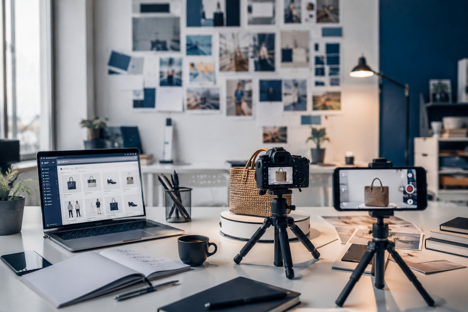 fotocamera smartphone e laptop sulla scrivania con cataloghi ecommerce aperti con rispettive foto prodotti