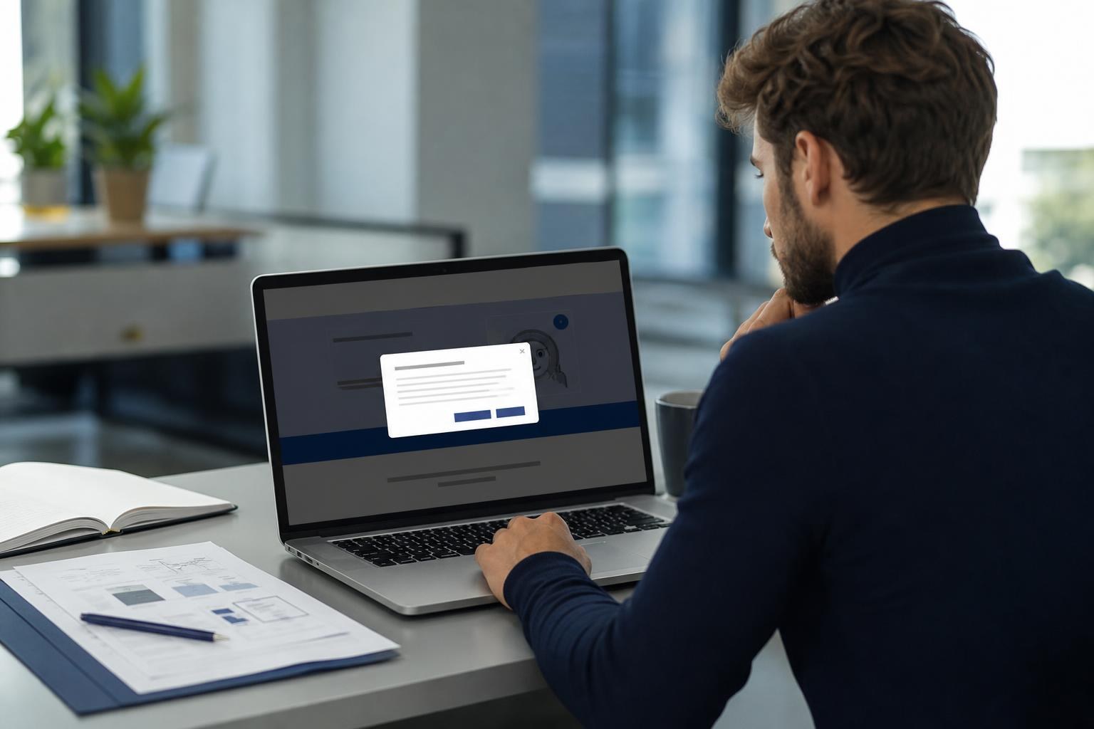 Imprenditore alla scrivania che legge un banner cookie su laptop con documenti aperti in un ufficio moderno