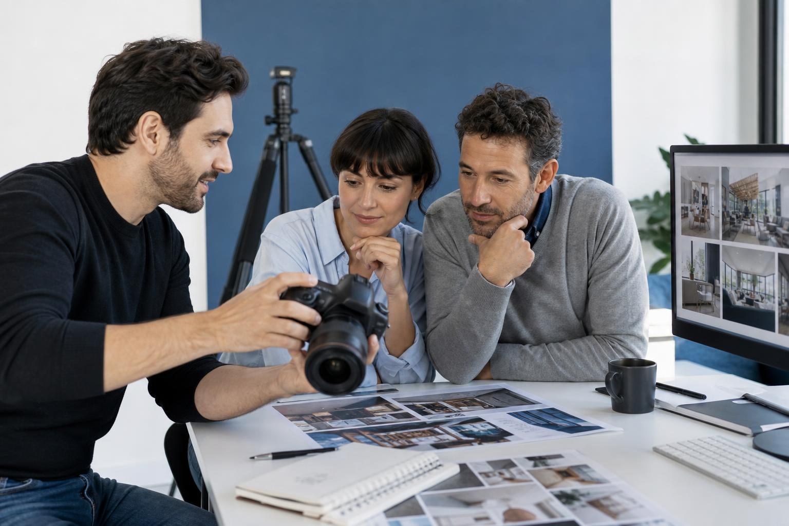 due imprenditori seduti a un tavolo con fotografo, laptop, moodboard e strumenti visivi aziendali