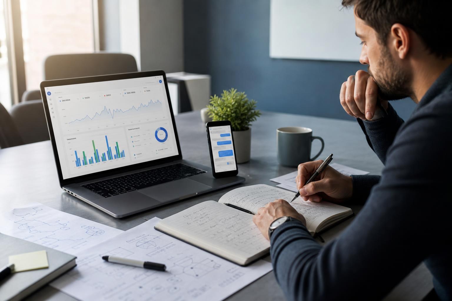 Scrivania con laptop aperto su dashboard social, persona annota su blocco, smartphone mostra conversazione, fogli con metriche sparsi.