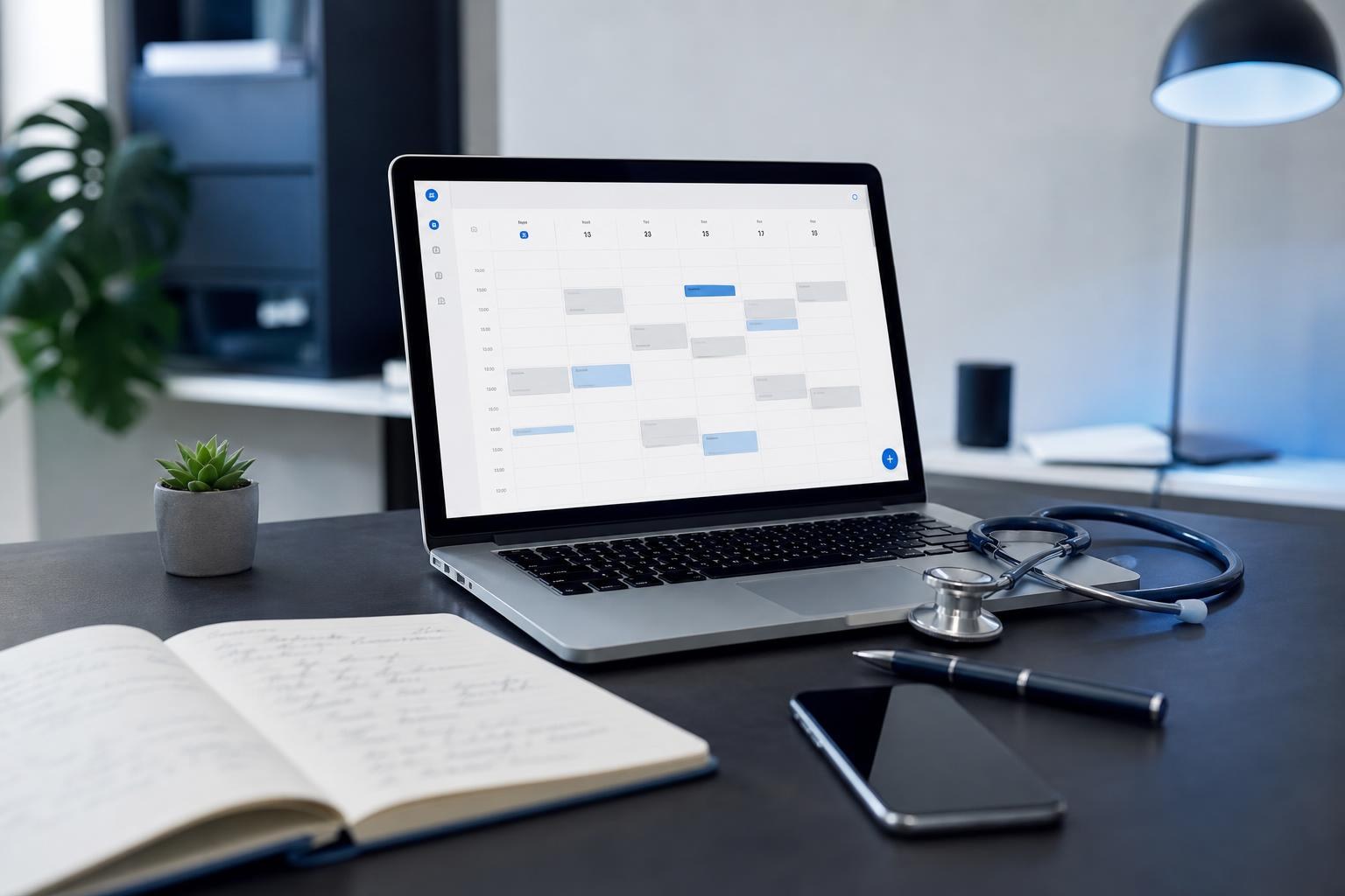 tavolo da lavoro con laptop aperto su calendario web app, stetoscopio, penna, blocco appunti e smartphone