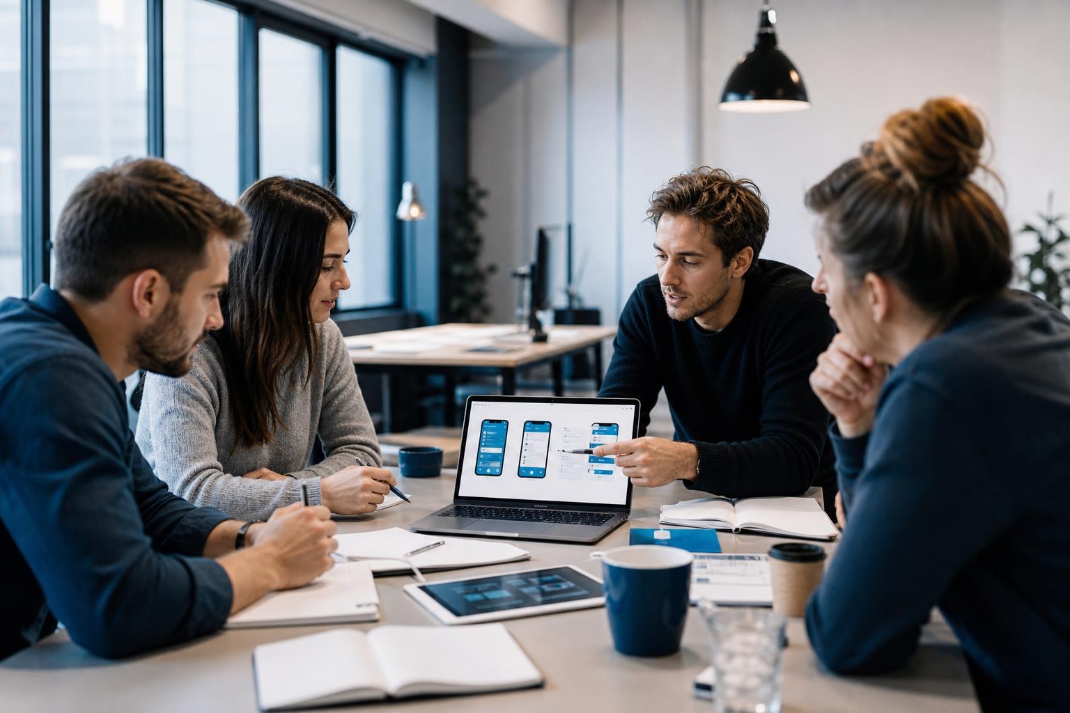 Team riunito attorno a una scrivania con laptop aperto sull'app e strumenti di lavoro