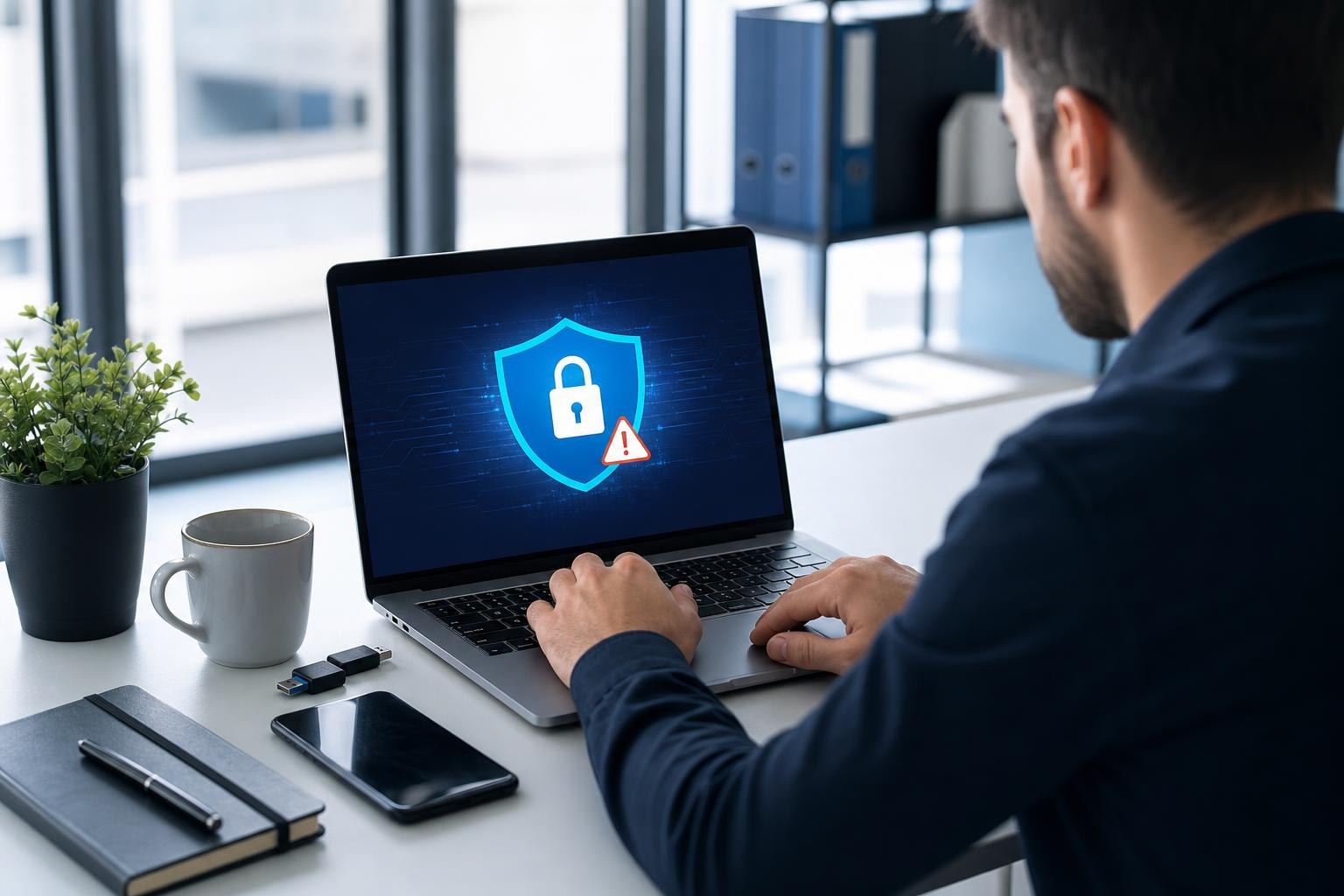 Professionista al laptop con avviso di sicurezza, chiavetta USB, smartphone e quaderno