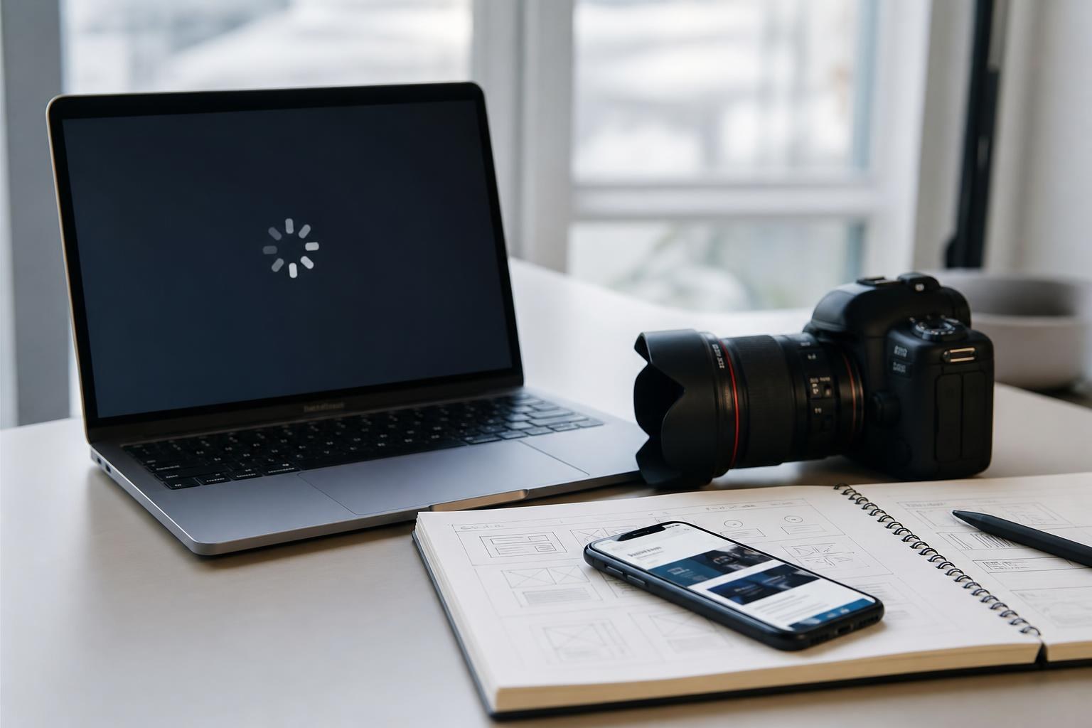 Laptop su una scrivania con animazione di caricamento, taccuini tecnici, smartphone che mostra un sito e telecamera reflex