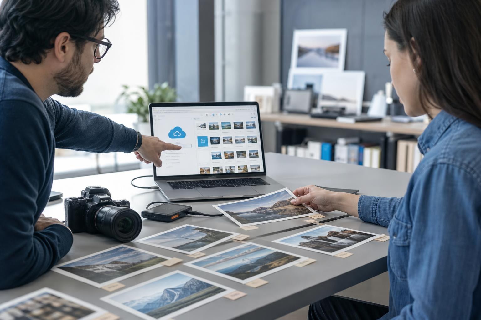 laptop aperto su una cartella cloud, fotocamera reflex, stampe fotografiche con etichette e due persone che organizzano i file su un tavolo ordinato