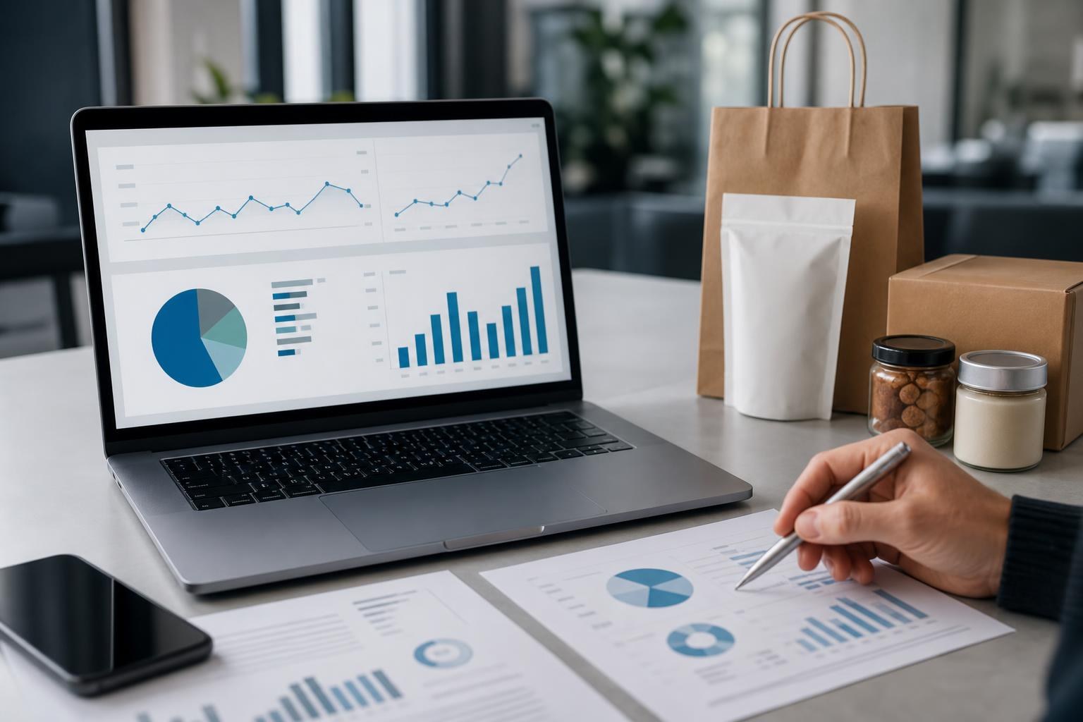 Un laptop aperto con dashboard di Analytics, una mano indica un grafico stampato, telefono e confezioni alimentari