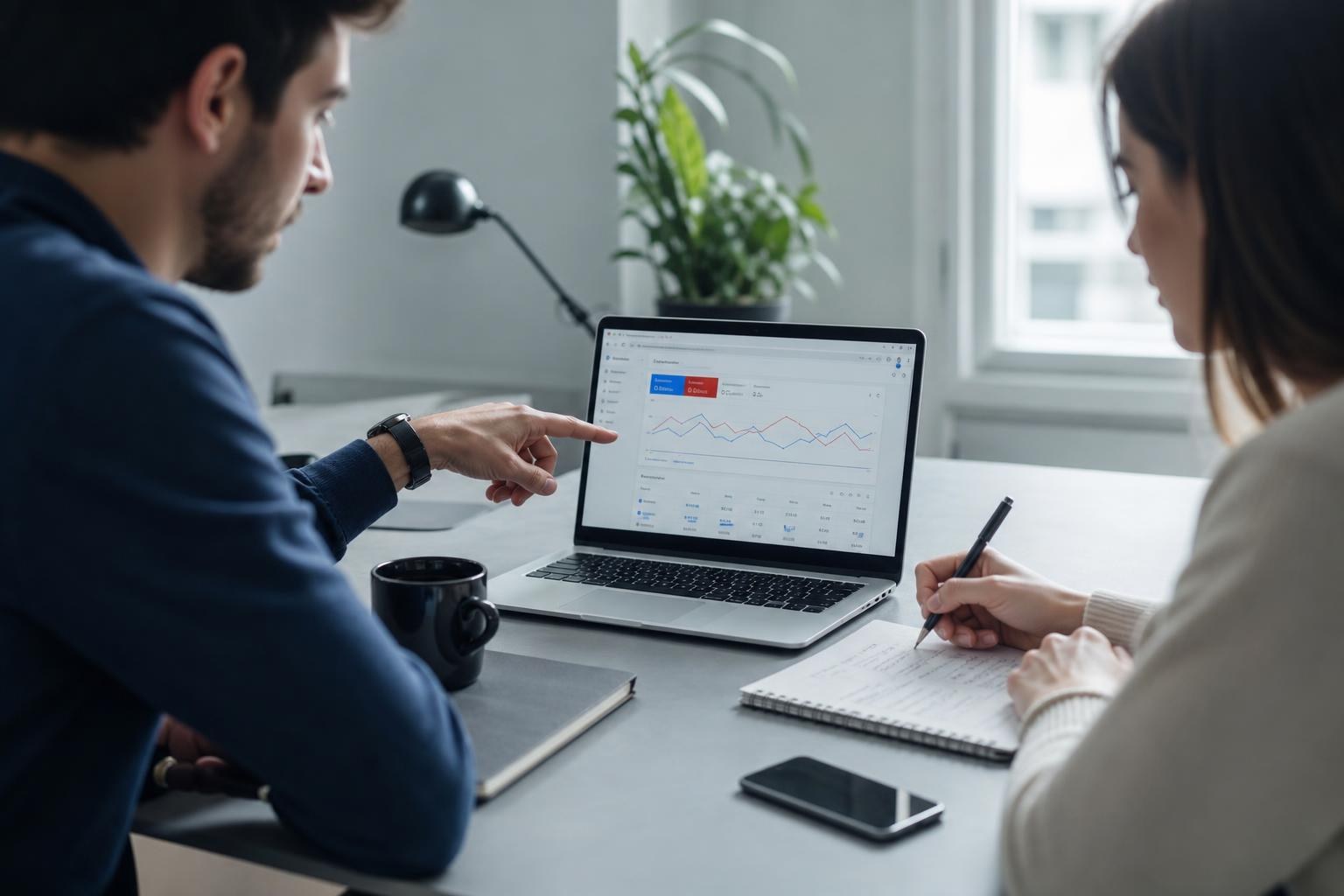 Due persone al tavolo di un ufficio consultano Google Ads su un laptop, prendono appunti a mano accanto a un caffè, in luce naturale