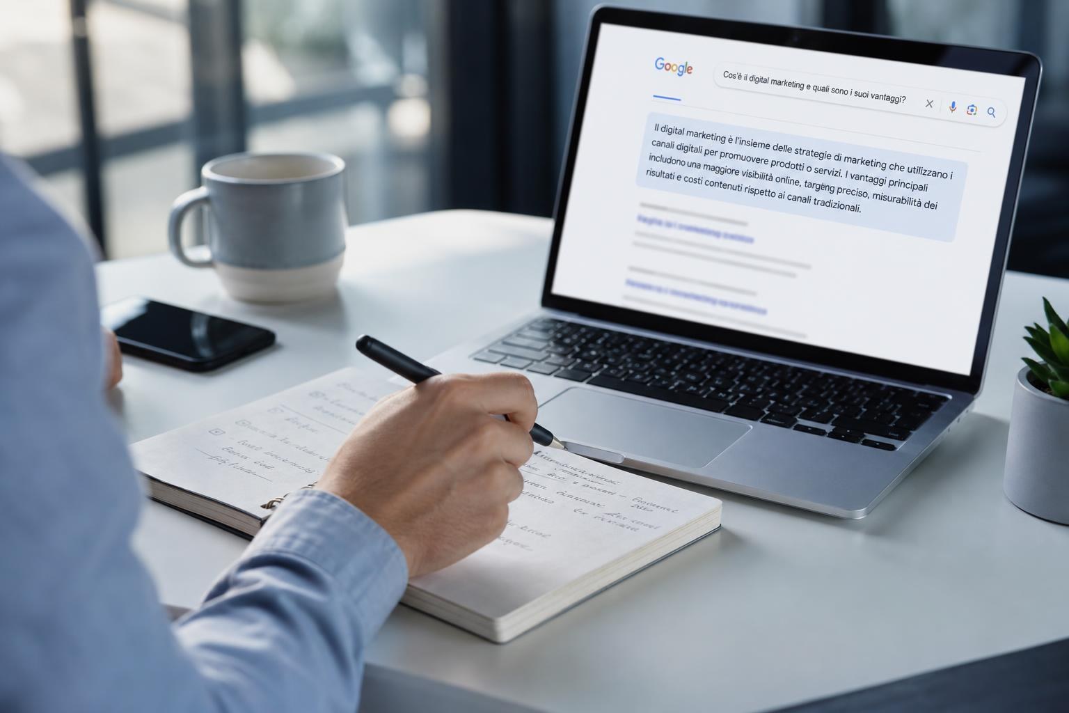 Persona che cerca su Google dal laptop, annota una risposta trovata online con una penna su un blocco notes; sulla scrivania ci sono tazza e smartphone.