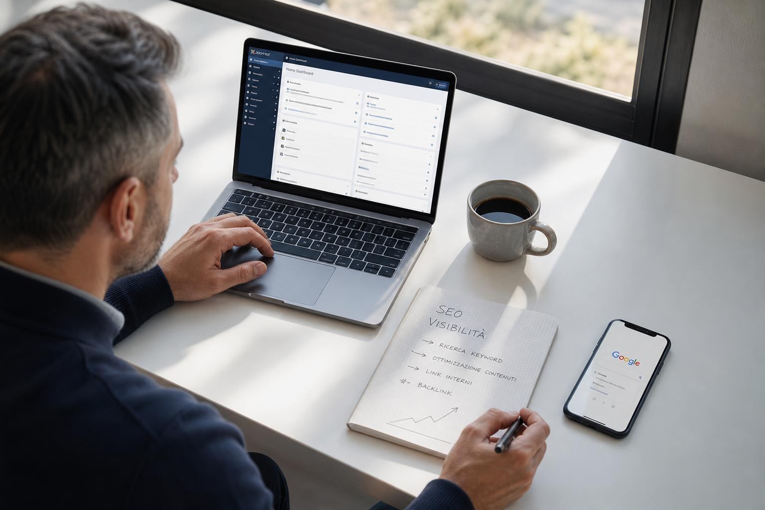 Imprenditore seduto a una scrivania bianca lavora al portatile con Joomla aperto, fogli di appunti SEO, smartphone su Google e una tazza di caffè alla luce del giorno