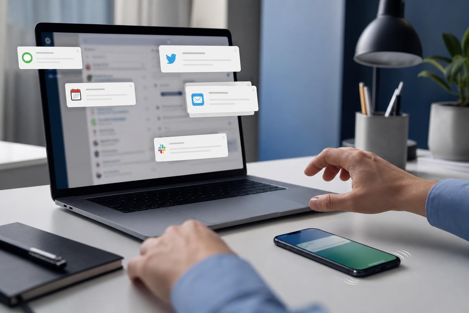 Laptop con diverse notifiche sullo schermo, smartphone accanto con una notifica in arrivo, mano sospesa tra tastiera e telefono su una scrivania ordinata
