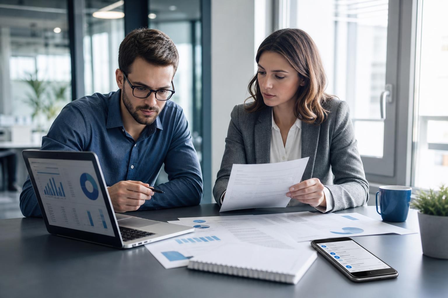 Due professionisti a un tavolo: uno guarda i dati al laptop, l'altro legge note con feedback, smartphone e documenti in vista