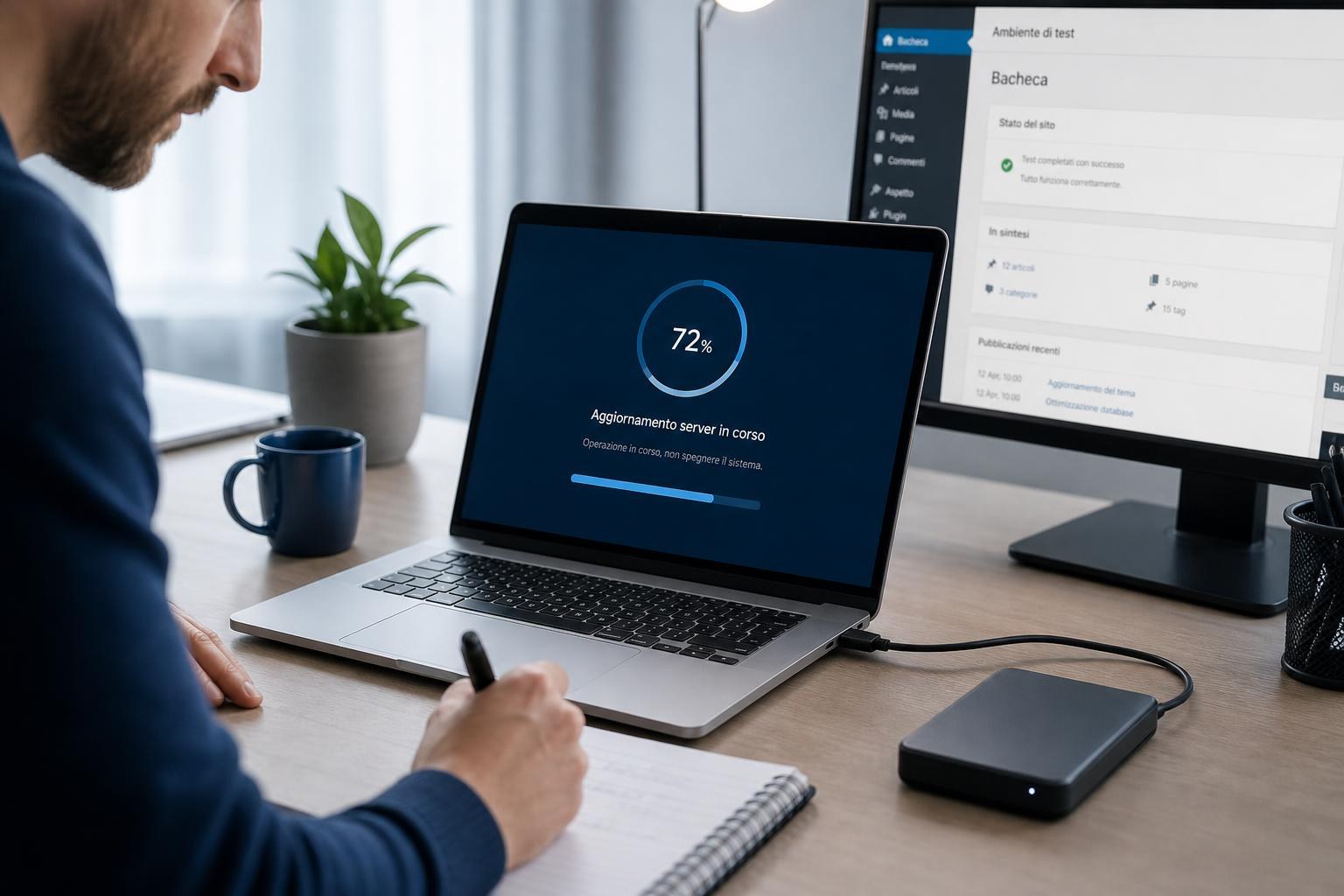 Tecnico prende appunti davanti a un laptop con notifica di aggiornamento, hard disk collegato e secondo monitor che mostra un ambiente di prova.