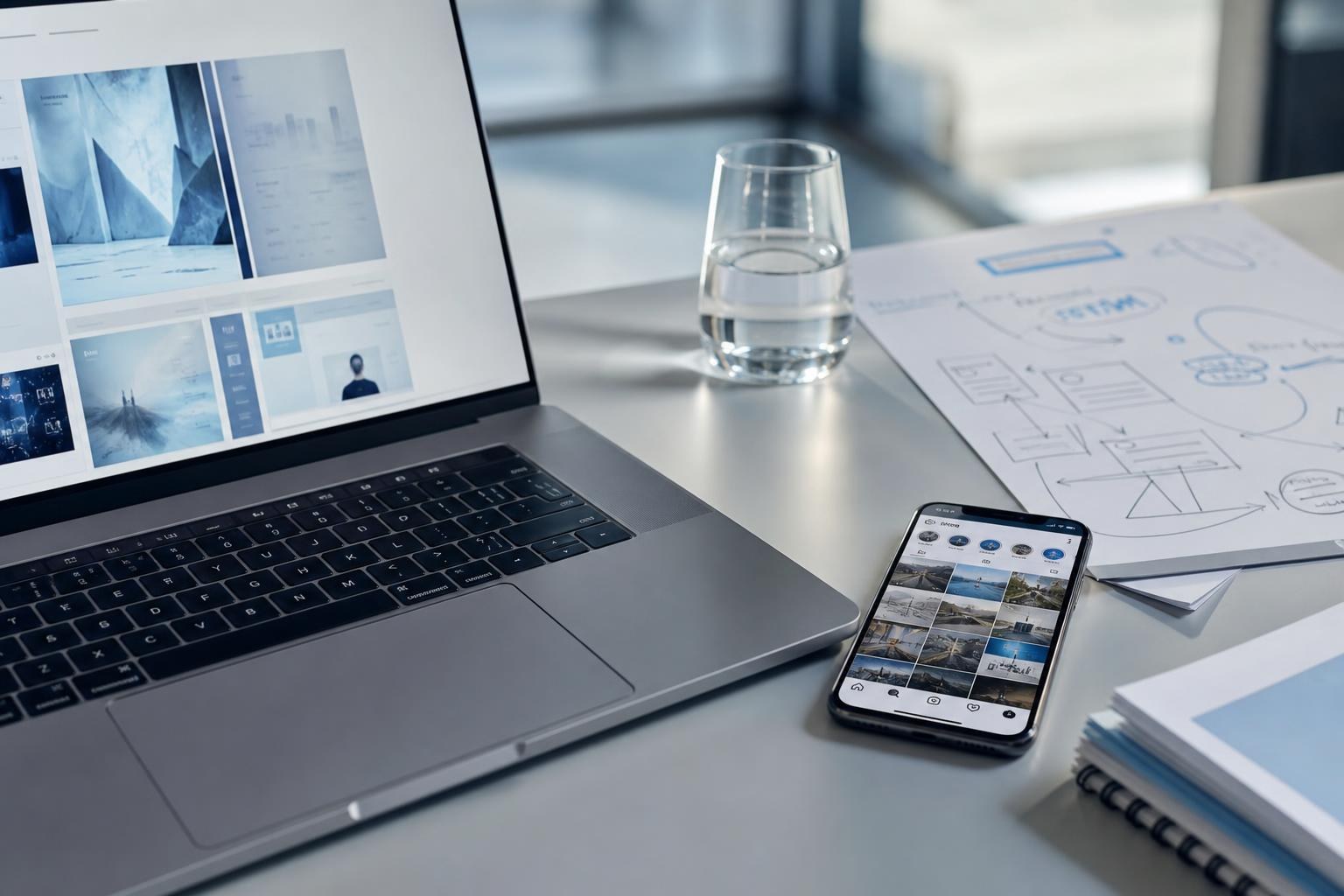 laptop aperto su una scrivania, smartphone con social network, bicchiere d'acqua e appunti stampati con schizzi digitali