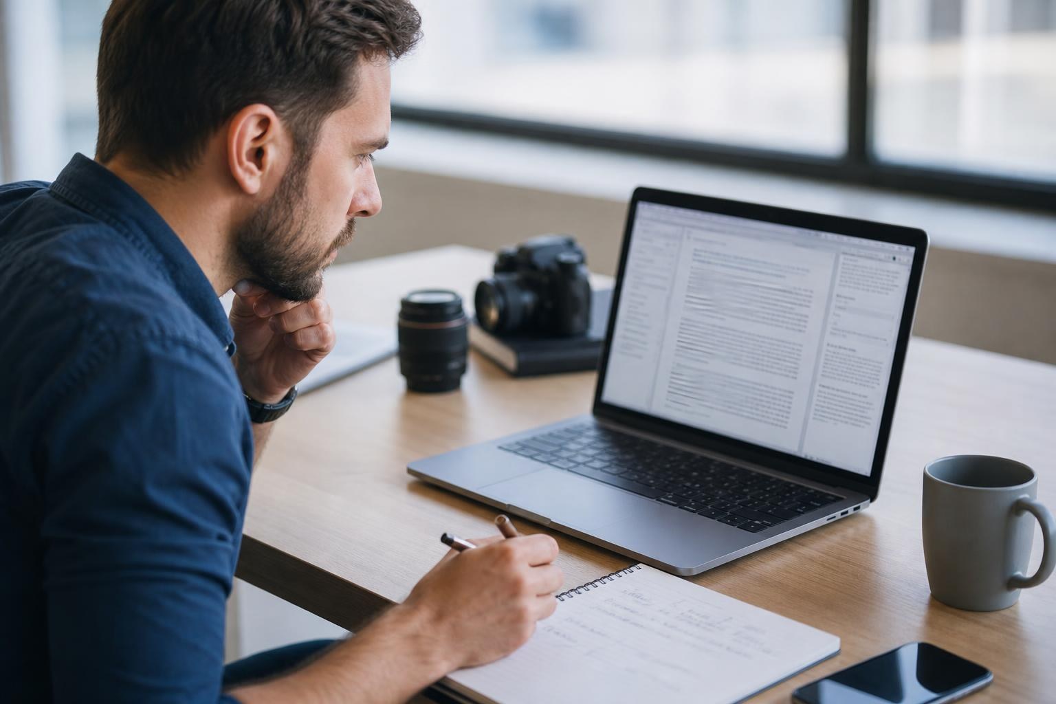 Uomo rilegge un documento sul laptop accanto a smartphone e attrezzatura fotografica