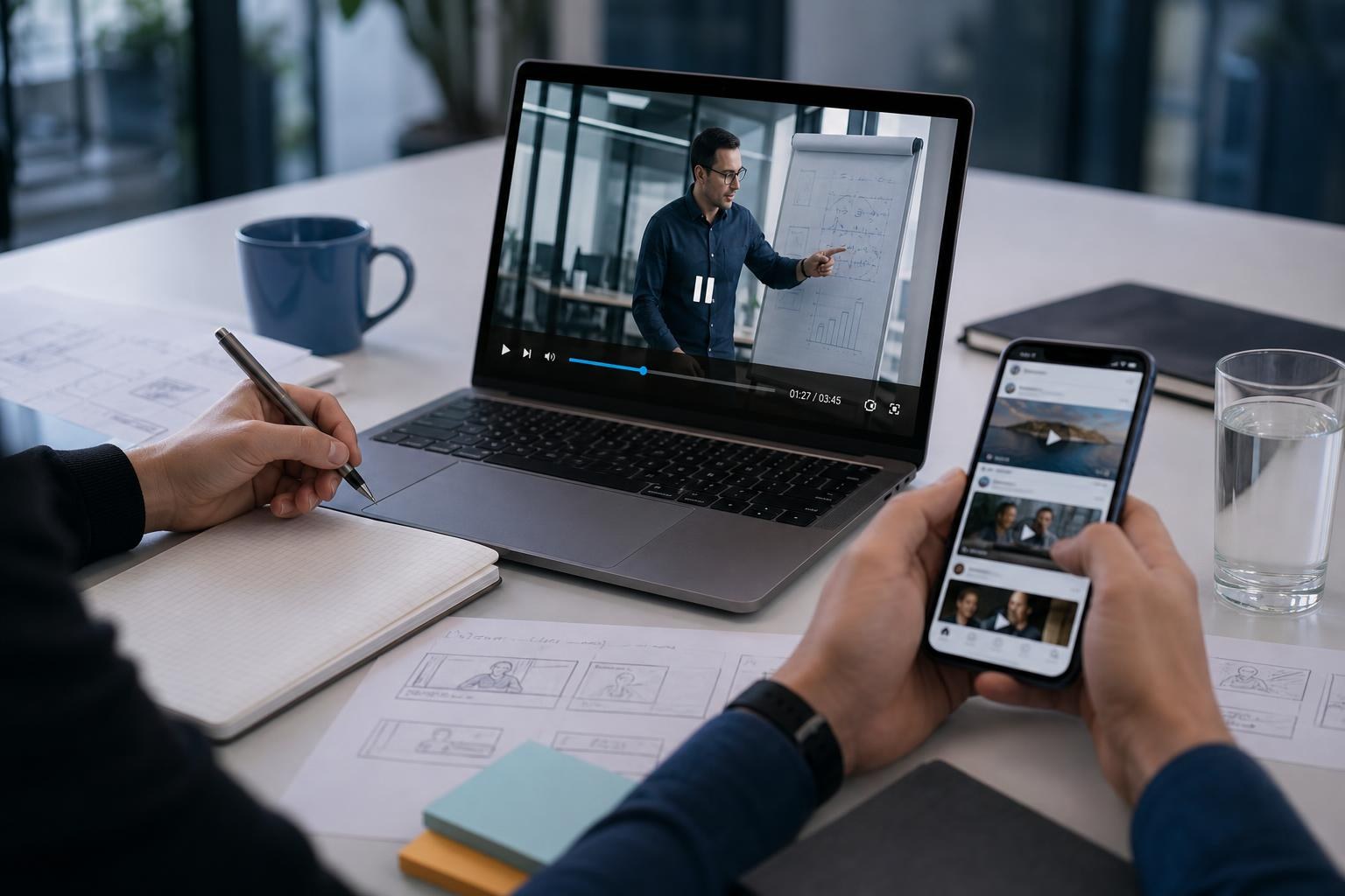 Laptop con video aziendale in pausa e timer visibile, storyboard, mano che prende appunti e smartphone con video social su una scrivania moderna