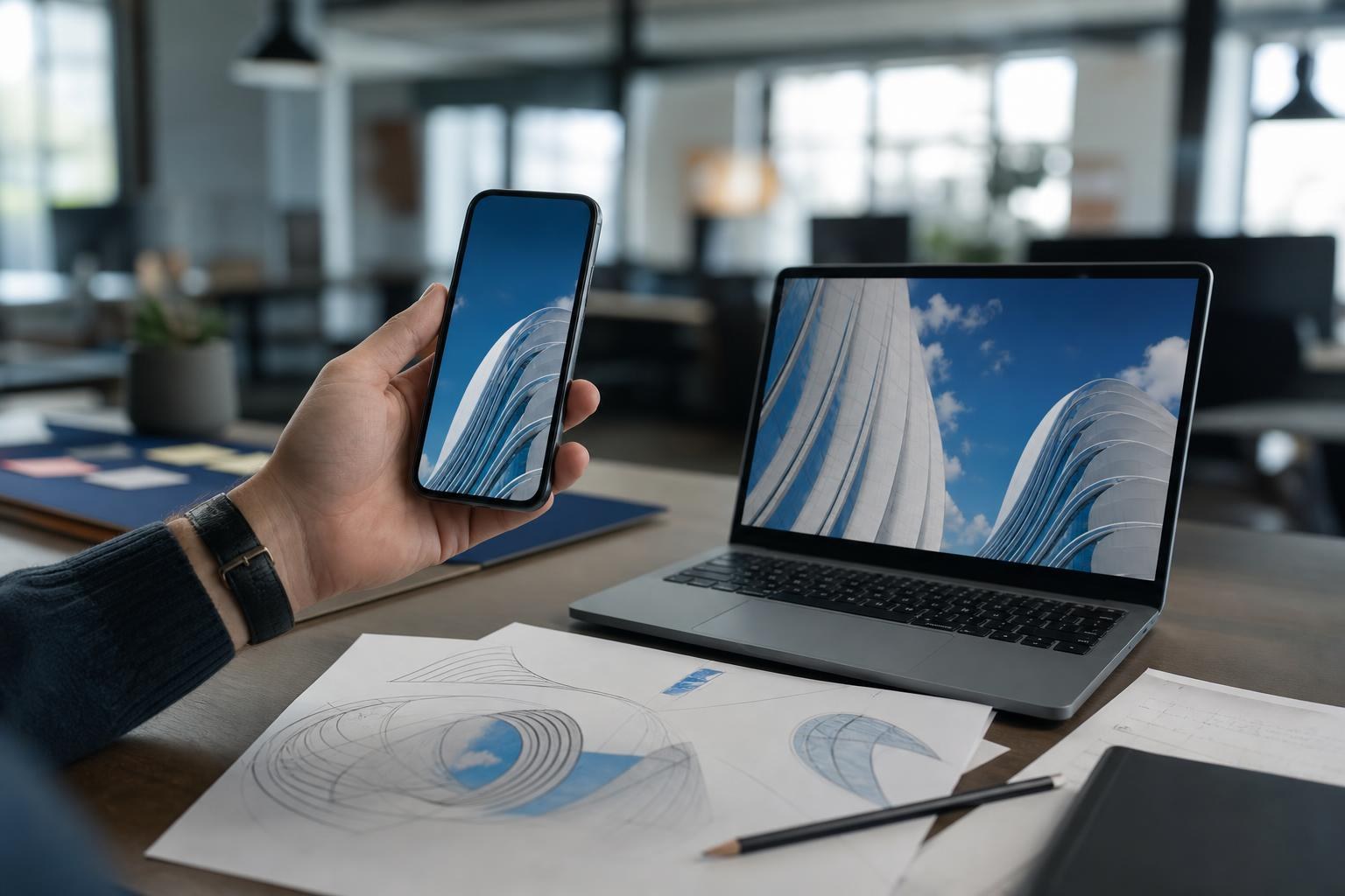Una mano controlla la leggibilità di un'immagine aziendale su uno smartphone verticale, con schizzi di grafiche, un laptop acceso e una matita su una scrivania ordinata.