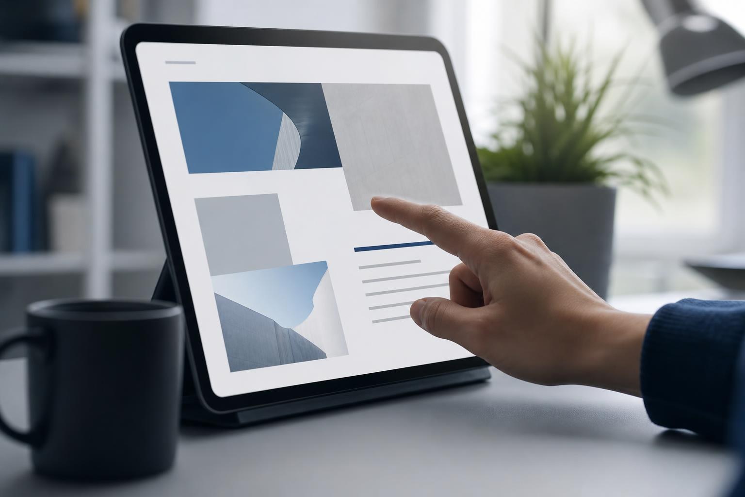 Una mano utilizza un dispositivo digitale mostrando una pagina web ad alto contrasto su una scrivania di casa ben illuminata