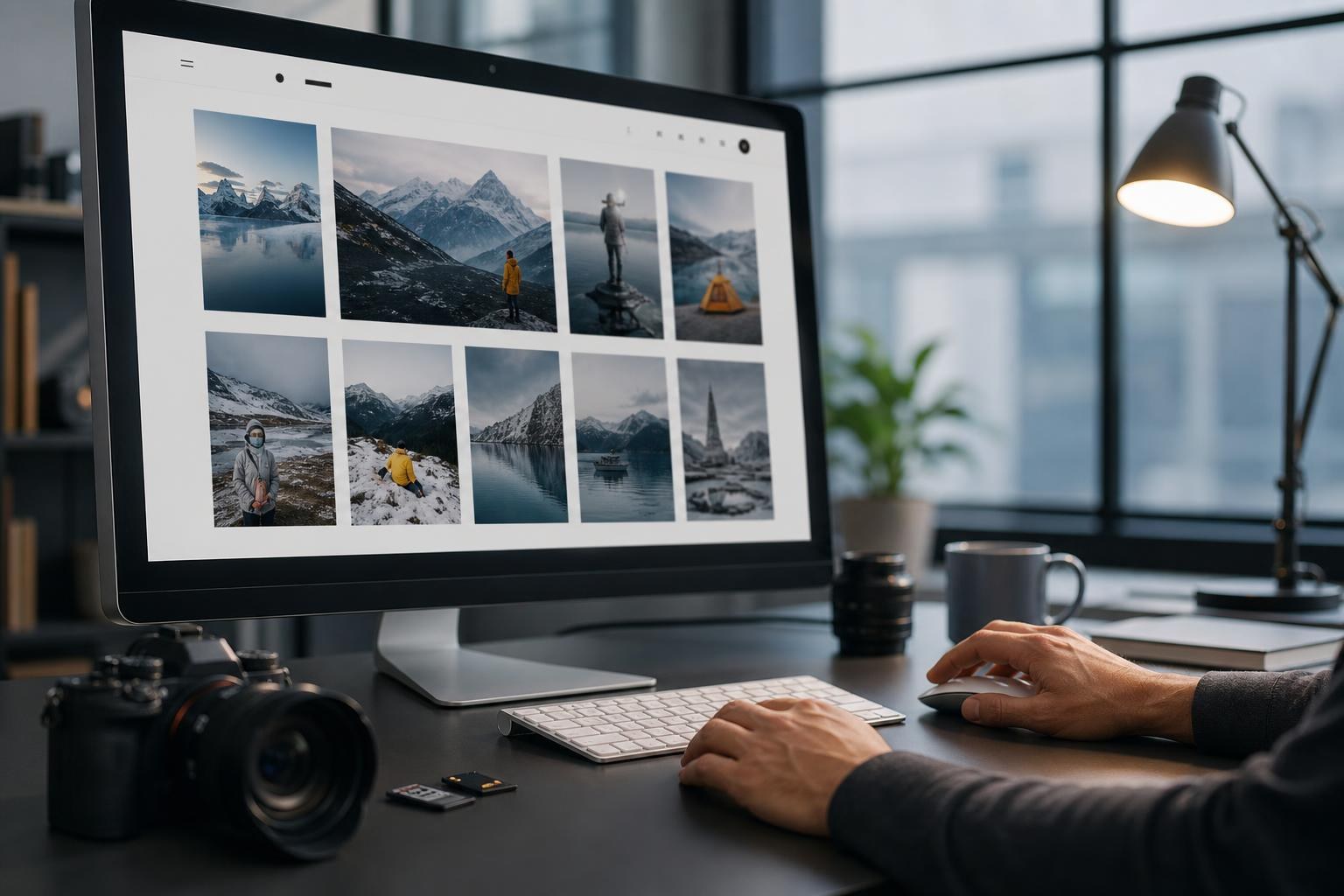 Scrivania moderna con monitor che mostra un sito di fotografie, macchina fotografica