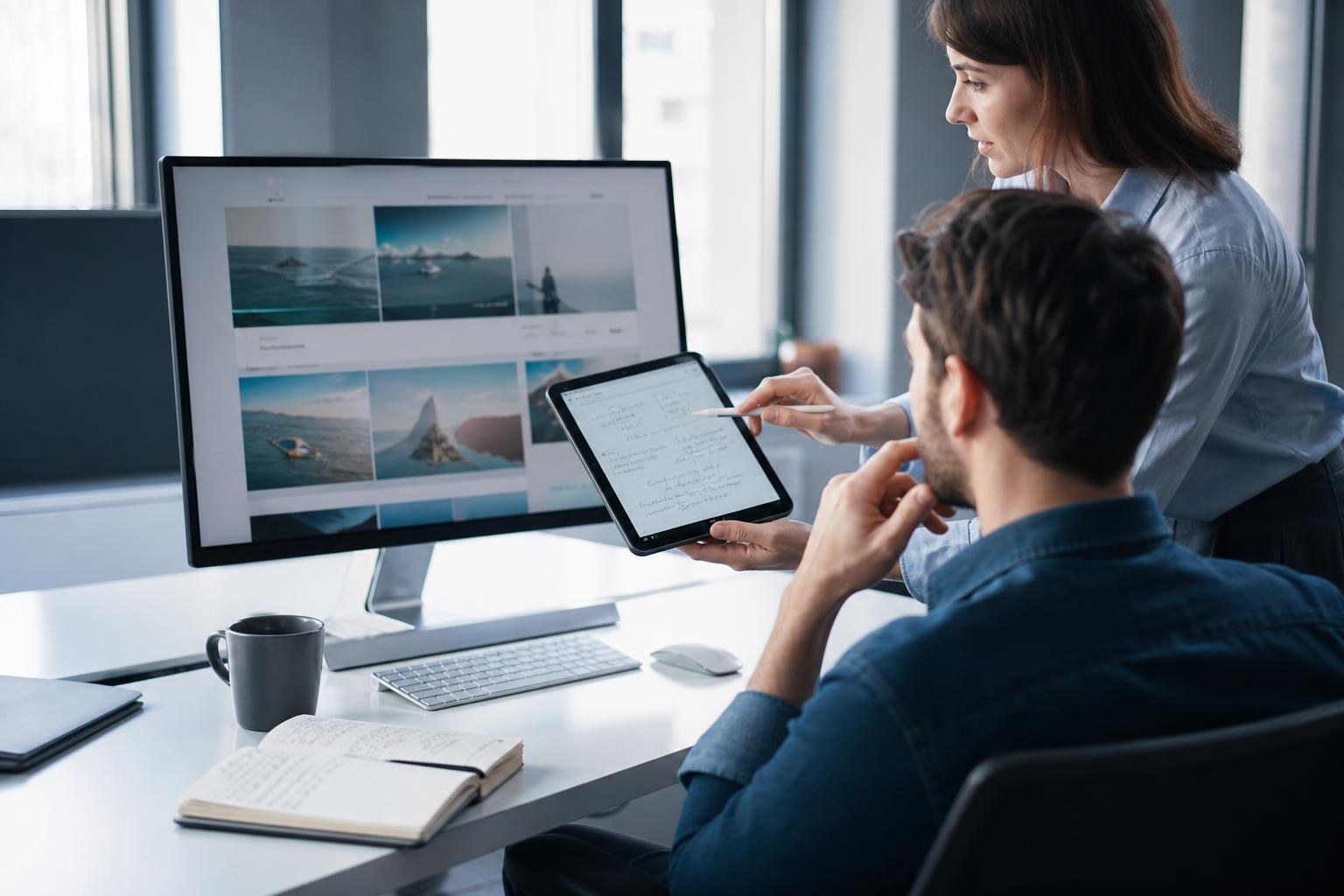 Due colleghi al lavoro, uno al monitor e uno con tablet e appunti, discutono la gestione di un sito web in un ufficio moderno