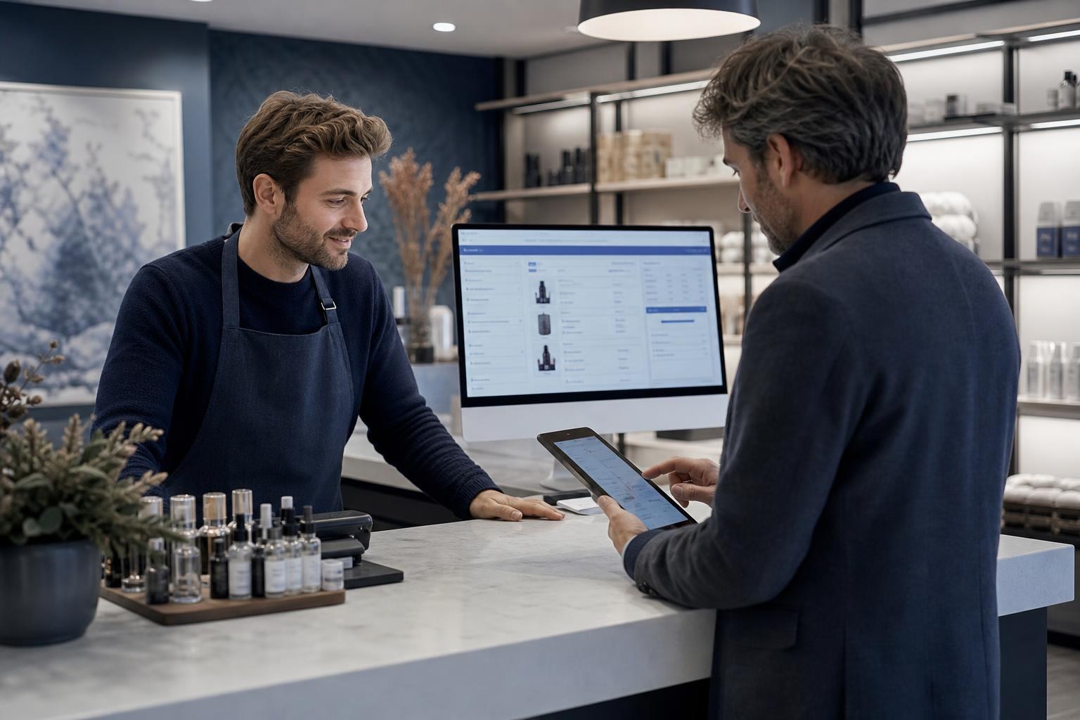 Negoziante dietro il banco interagisce con un cliente che usa un dispositivo digitale; sullo sfondo un monitor mostra informazioni organizzate della bottega
