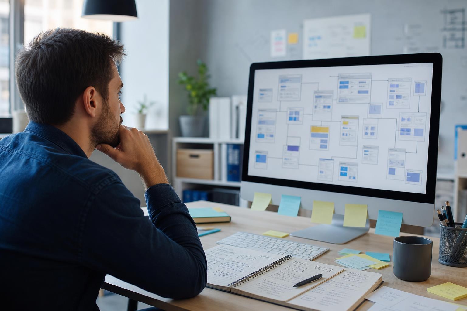 Persona seduta alla scrivania osserva pensierosa una pagina web poco chiara sul computer, circondata da appunti, post-it e taccuino aperto in un ambiente di lavoro.