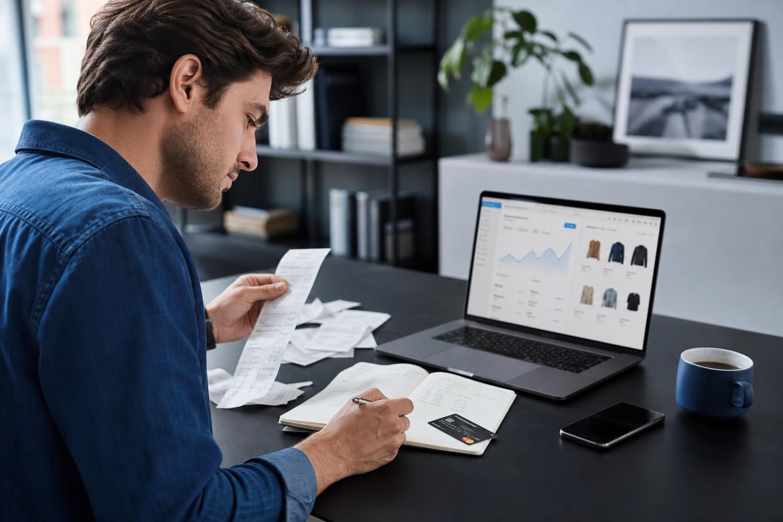 Un giovane al desk di casa controlla laptop, carta bancaria e notebook tra scontrini e una tazza di caffè, pensieroso mentre organizza la contabilità per l'e-commerce.