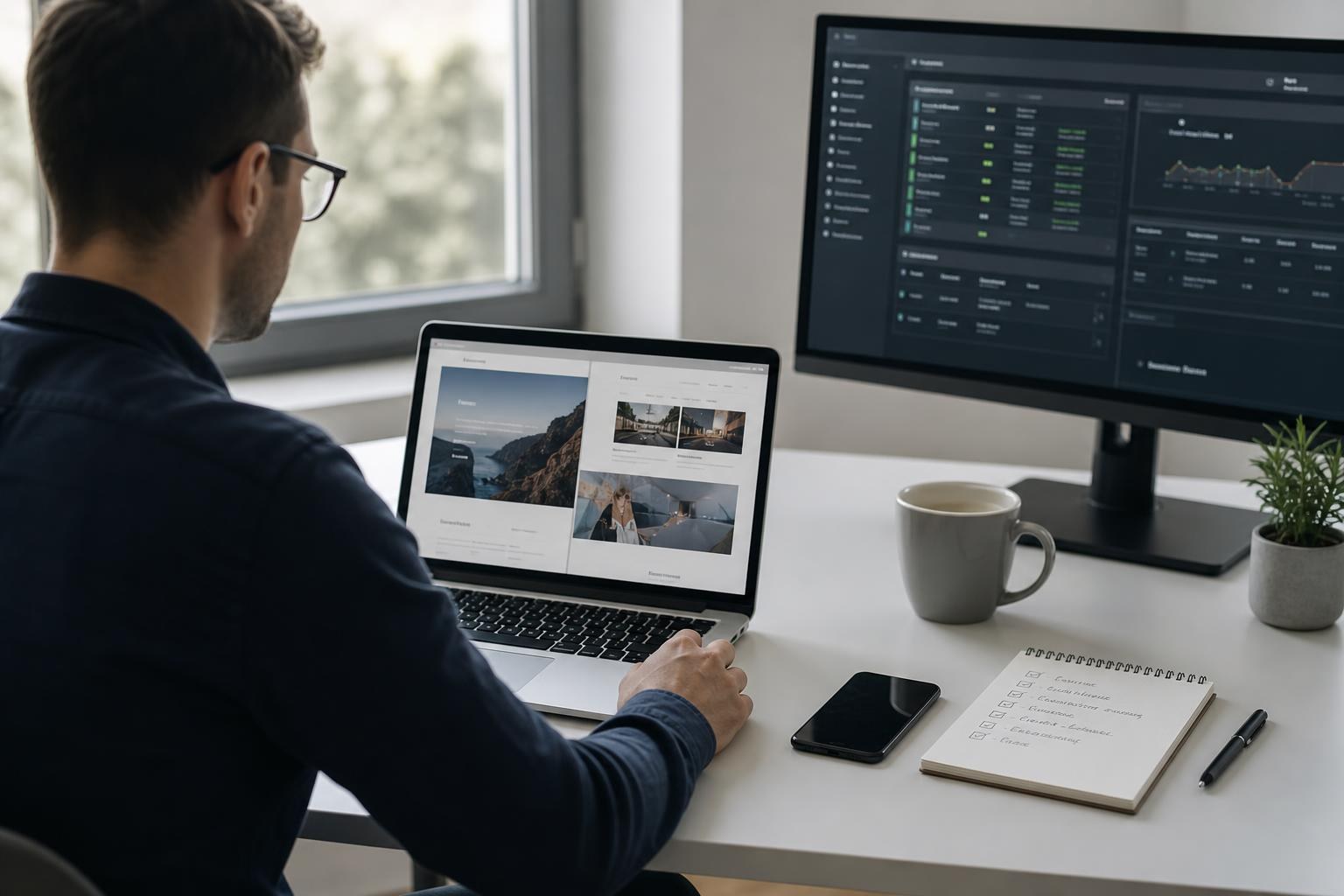 Una persona controlla le pagine web create su un laptop, con un monitor che mostra una dashboard server e strumenti da lavoro su una scrivania luminosa.