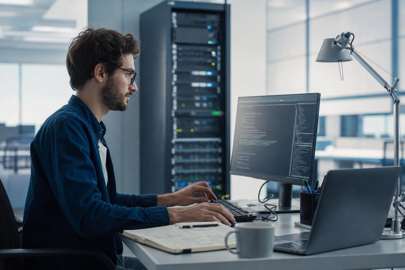 Professionista al lavoro in ufficio con server rack sullo sfondo, laptop, appunti e tazza di caffè sul tavolo