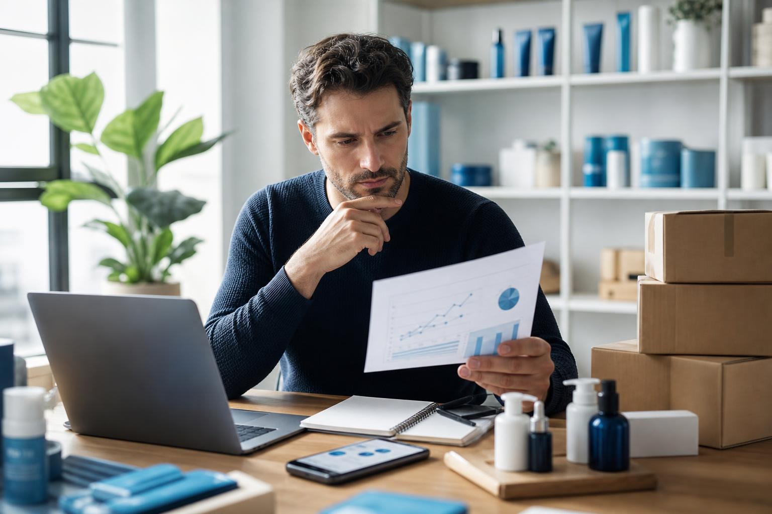 Titolare di un piccolo e-commerce al lavoro con pc portatile, blocco note, prodotti, scatole di spedizione e smartphone con analisi dati in un ufficio luminoso