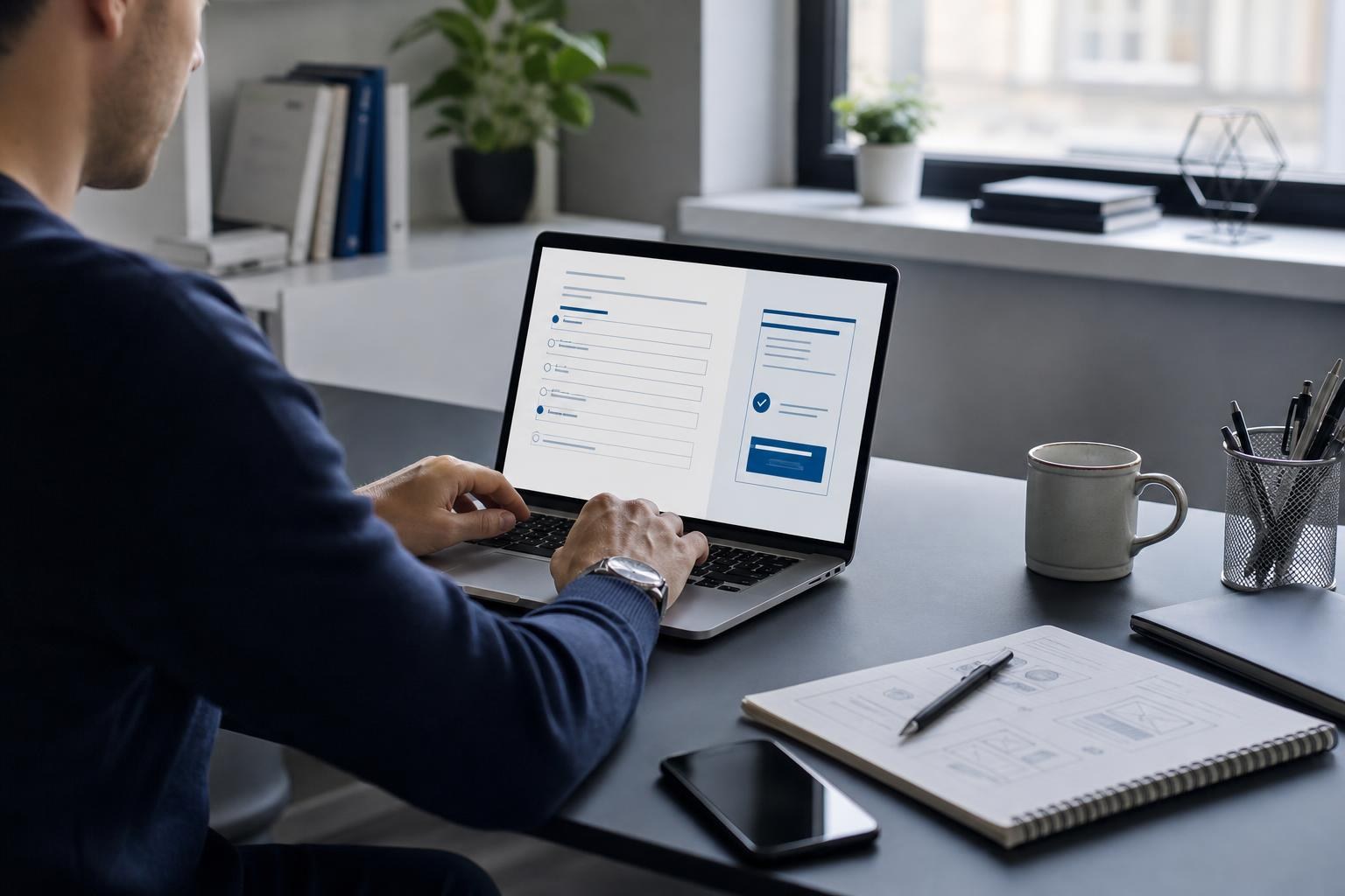 Una persona al computer compila un preventivo online, circondata da taccuino, smartphone e una tazza di caffè in un ambiente luminoso.
