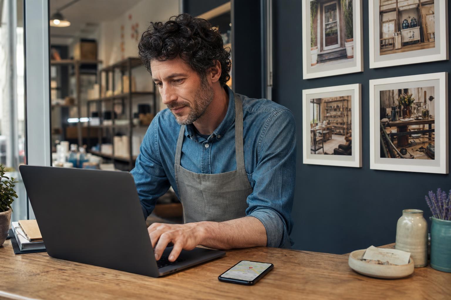 una persona reale aggiorna il profilo Google Business su laptop nel banco di un negozio, strumenti di lavoro e foto aziendali visibili, smartphone con Google Maps aperto sul bancone