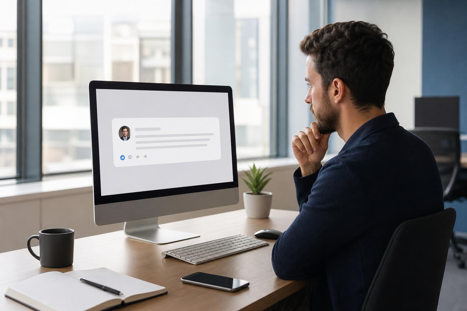 Persona alla scrivania legge un commento social sul computer, riflette con taccuino e telefono in un ufficio moderno