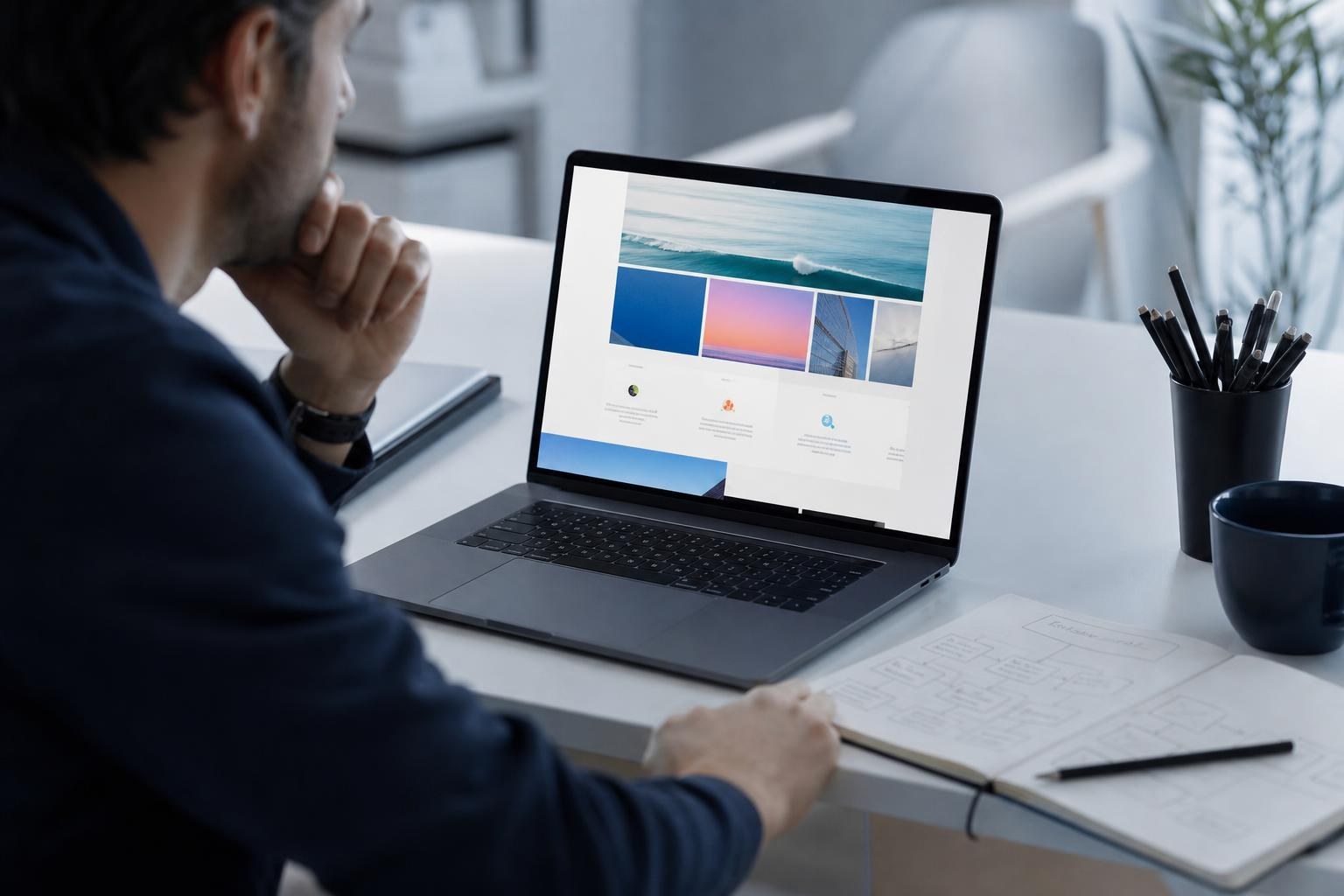 Una persona seduta a una scrivania moderna guarda pensierosa un laptop con una homepage piena di sezioni colorate, accanto a un quaderno con una mappa del sito.