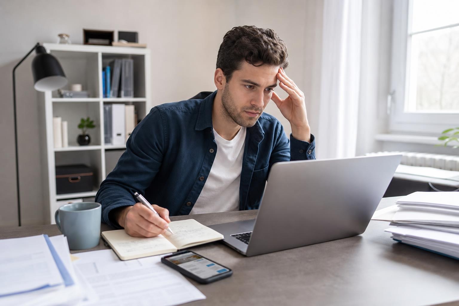 Una persona giovane seduta a una scrivania con laptop moderno, notebook pieno di appunti, documenti burocratici sparsi, smartphone e tazza, in una scena che trasmette i primi passi