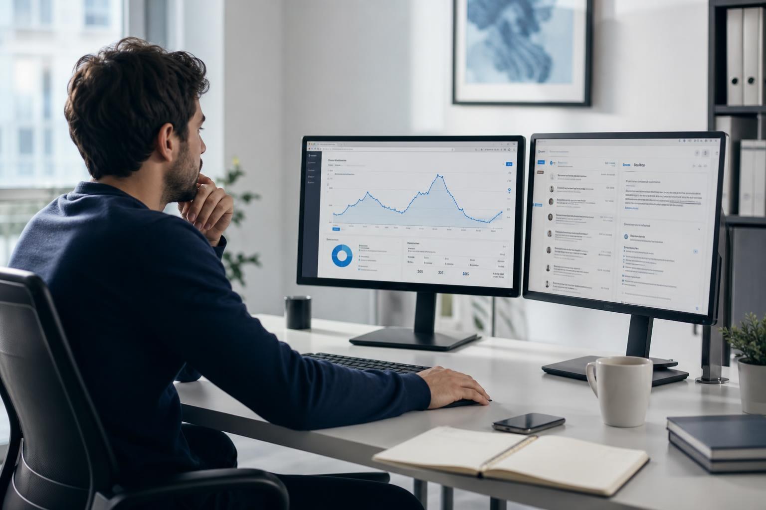 Persona a una scrivania mentre osserva grafici delle statistiche e email su due monitor, con notebook e caffè sul tavolo