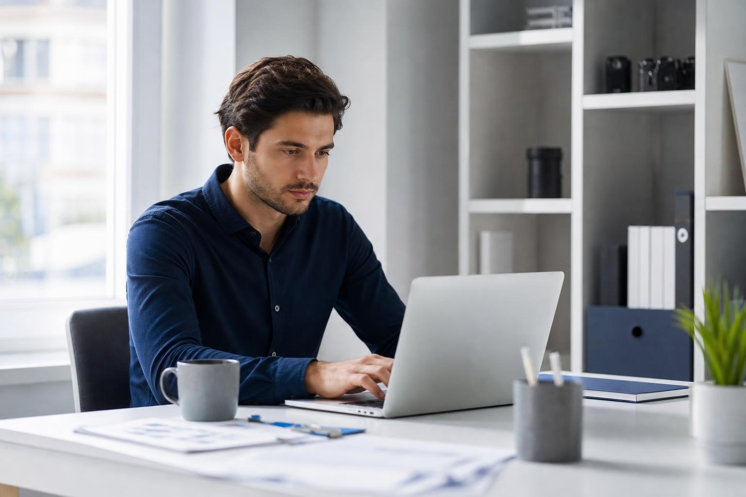 Persona lavora al laptop con note e caffè in un ufficio moderno, scaffali e luce naturale