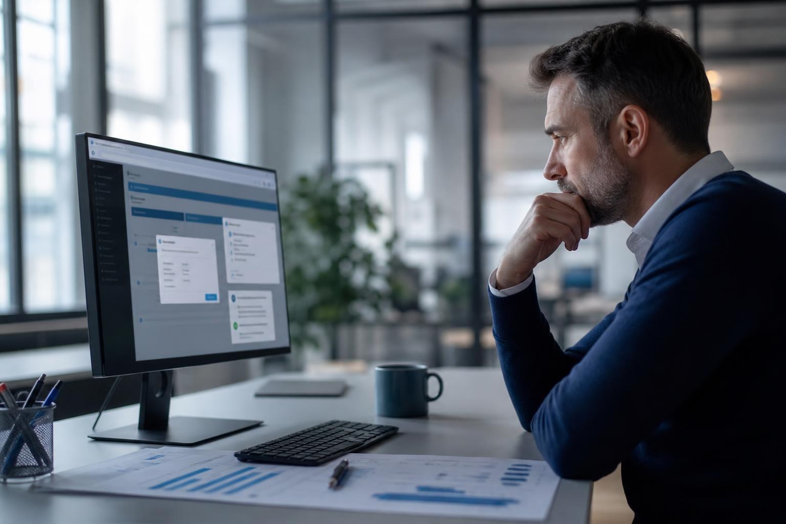 professionista osserva schermo pc con Sito Web Joomla e plugin, lista costi ricorrenti sul tavolo