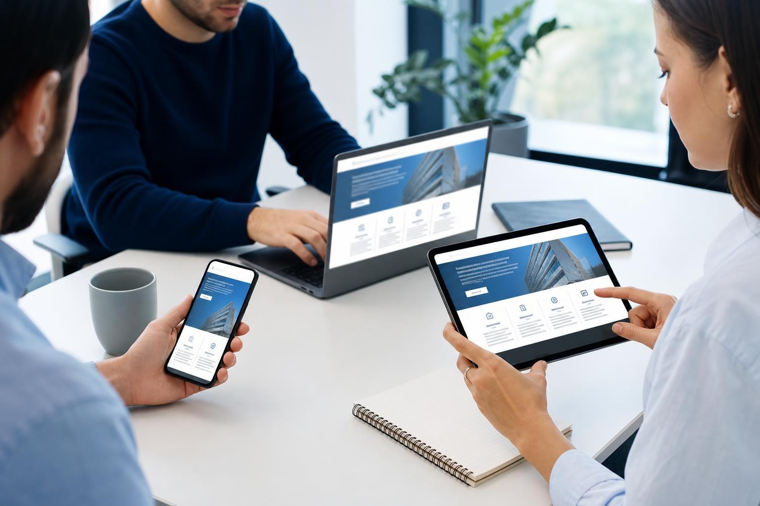 Persone di età diverse navigano un sito su smartphone, tablet e laptop attorno a un tavolo